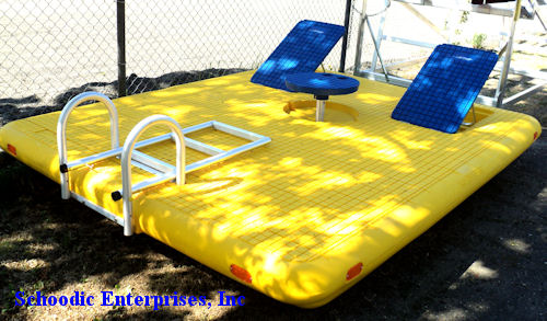 1. Otter Island Swim Rafts ( 8 x 10). Comes complete with fold up backrests, pop up table and fold down ladder. Available in Yellow w/ blue or Tan w/ green. - Photo - Schoodic Enterprises sell and service Maine Made Aqua-Lounge Dock Alum. Docks, Boat Lifts, Watercraft Lifts & More - SchoodicEnterprises.com